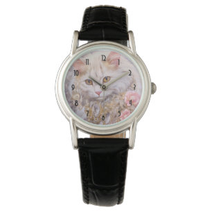 Elegant Vit Katt i Guld och diamanter Armbandsur