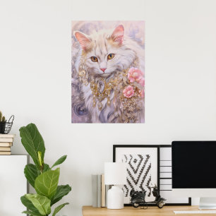 Elegant Vit Katt i Guld och diamanter Poster