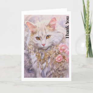 Elegant Vit Katt i Guld och diamanter Tack Kort