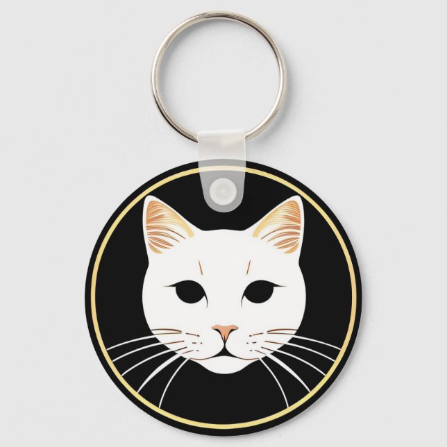 Elegant Vit Katt Illustration Nyckelring (Framsida)