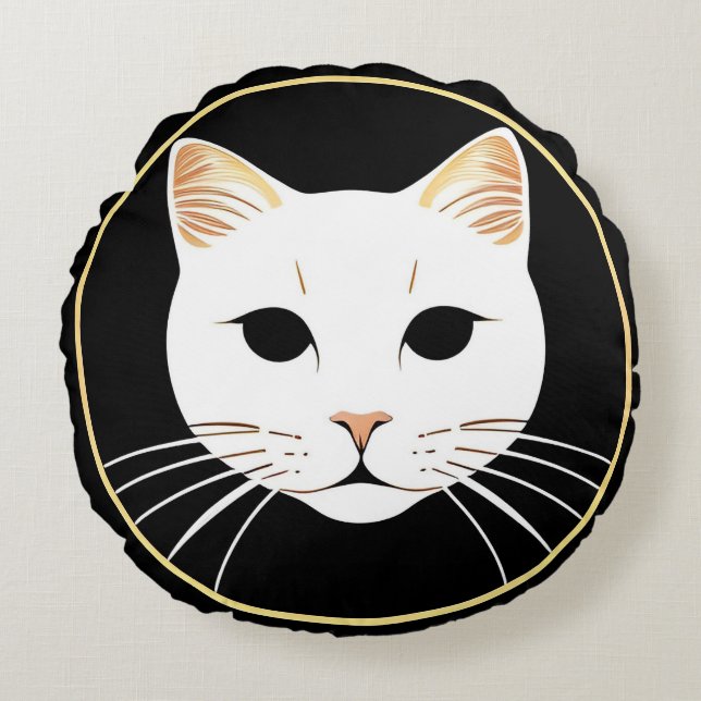 Elegant Vit Katt Illustration Rund Kudde (Framsidan)