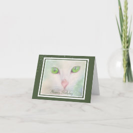 Elegant vit katt med gröna ögon födelsedagskort kort