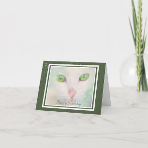 Elegant vit katt med gröna ögon födelsedagskort kort