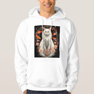 Elegant vit katt med Koi-fisk Hoodie