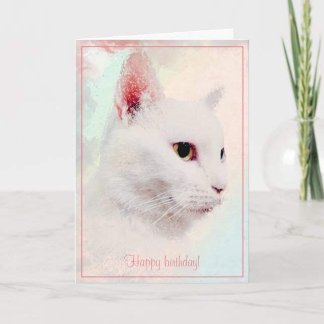 Elegant Vit Katt Watercolor Birthday Hälsning Kort (Framsida)
