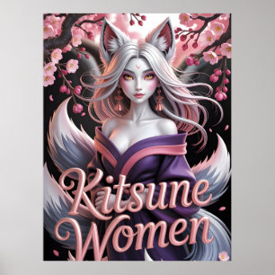 Elegant vit Kitsune-kvinna med Sakura-blommor Poster