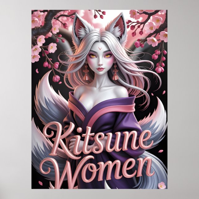 Elegant vit Kitsune-kvinna med Sakura-blommor Poster (Framsidan)