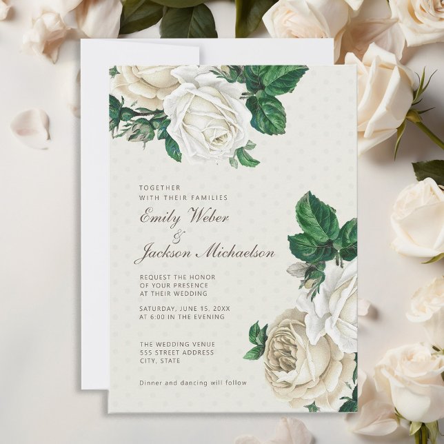 Elegant vit kräm blomster botanisk bröllop inbjudningar (Elegant white roses wedding invitation)