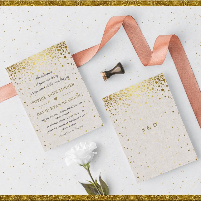 Elegant vit läder guldkonfetti bröllop inbjudningar (elegant trendy gold confetti leather wedding invitation)