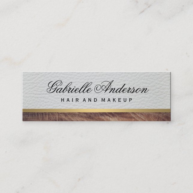 Elegant Vit läder Rustic Wood med Guld Trim Mini Visitkort (Framsida)