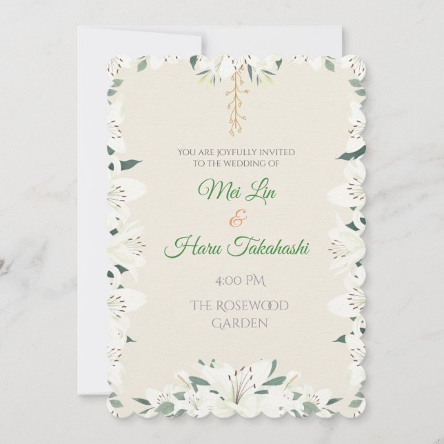 Elegant vit lilja och grönska bröllopsinbjudan inbjudningar (Framsida)