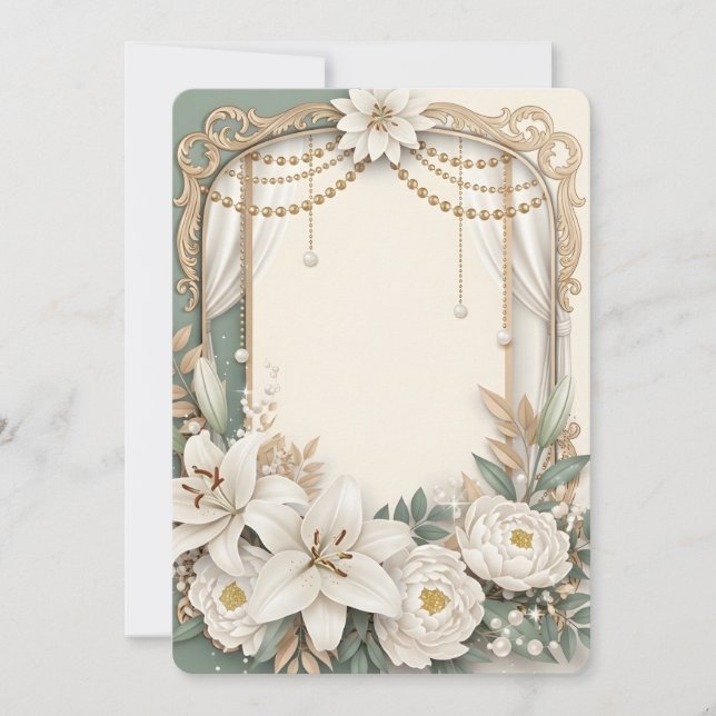 Elegant vit lilja & peony blomster ram med guld inbjudningar (Framsida)