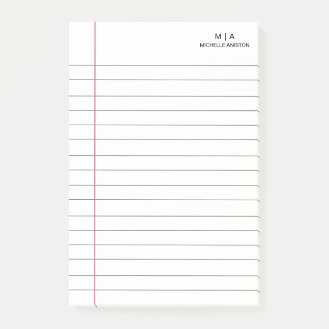 Elegant vit linjerat skolblock papper monogram post-it block (Framsida)