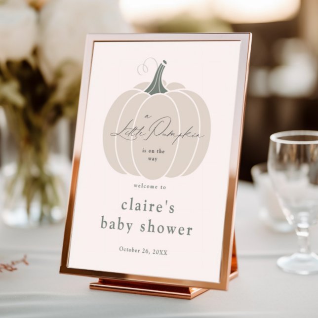 Elegant vit liten pumpa höst baby shower  poster (Elegant white little pumpkin baby shower welcome sign.)