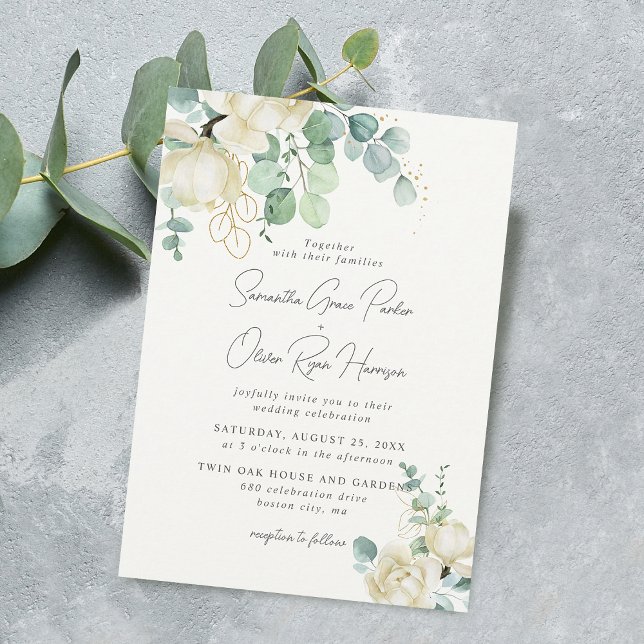 Elegant vit magnolia eukalyptus bröllopsbukett inbjudningar (Elegant White Magnolia Eucalyptus Bouquet Wedding Invitation)