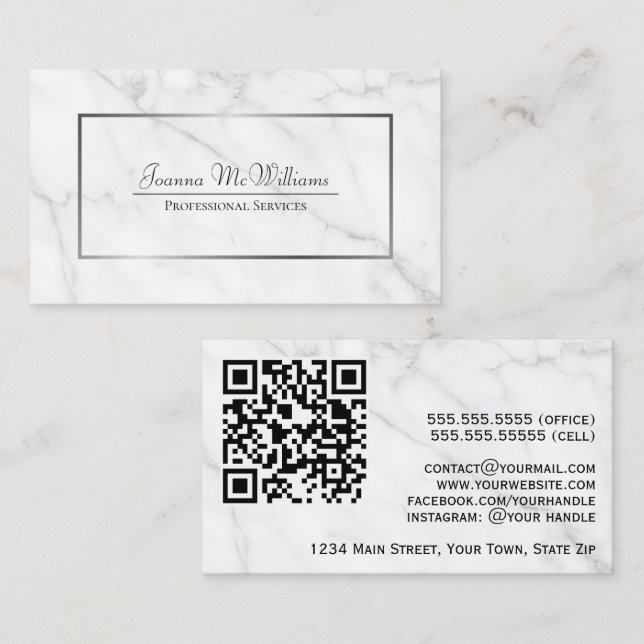 Elegant Vit marble & Silver Professionell QR-kod Visitkort (Fram/baksida)