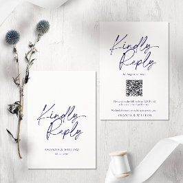 Elegant vit & marinblå QR-kod RSVP-kort OSA Kort