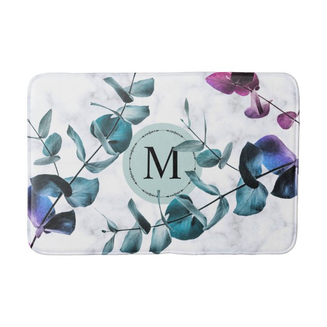 Elegant vit marmor eukalyptus blad monogram badrumsmatta (Framsidan)