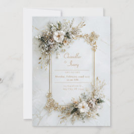 Elegant vit marmor guld blomster geometrisk vigsel inbjudningar