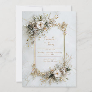 Elegant vit marmor guld blomster geometrisk vigsel inbjudningar