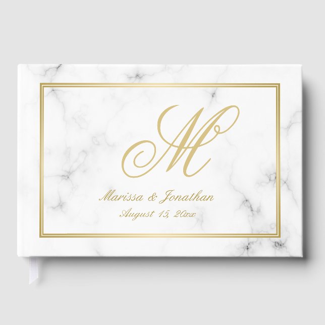 Elegant vit marmor guld monogram skrivstil bröllop gästböcker (Framsida)