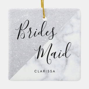 Elegant, vit marmor och silver glitter bridesmaid julgransprydnad keramik