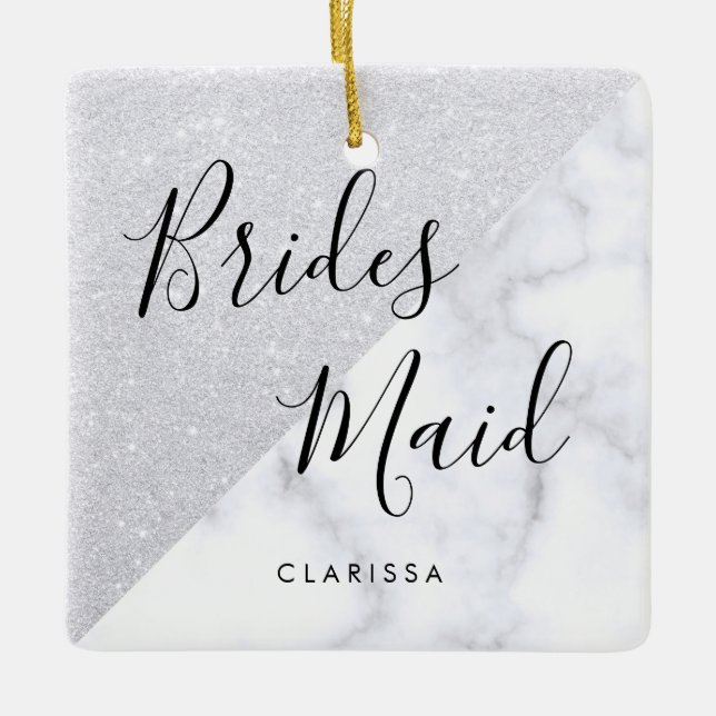 Elegant, vit marmor och silver glitter bridesmaid julgransprydnad keramik (Framsida)