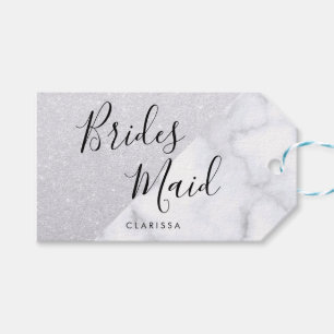 Elegant, vit marmor och silver glitter bridesmaid presentetikett