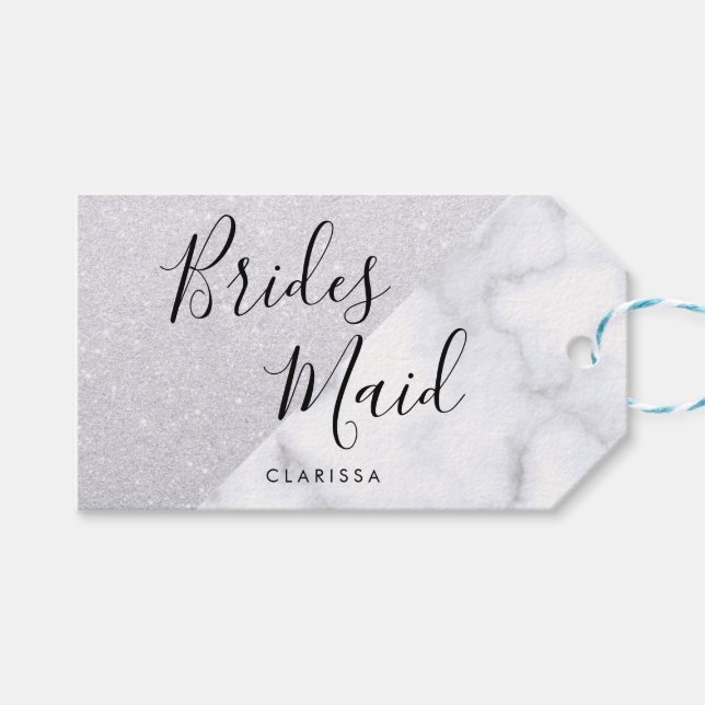 Elegant, vit marmor och silver glitter bridesmaid presentetikett (Framsidan (Horisontell))