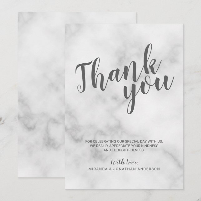 Elegant vit marmor-vitthaljka för bröllop tack inbjudningar (Fram/baksida)
