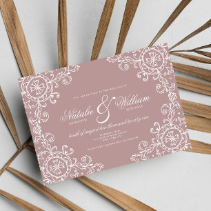 Elegant vit mauve rosa blommigt ornament bröllop inbjudningar