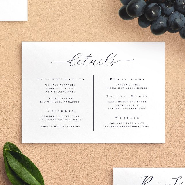 Elegant vit minimalist skriptbröllopsdetaljer tilläggskort (Elegant White Minimalist Script Wedding Details Enclosure Card)