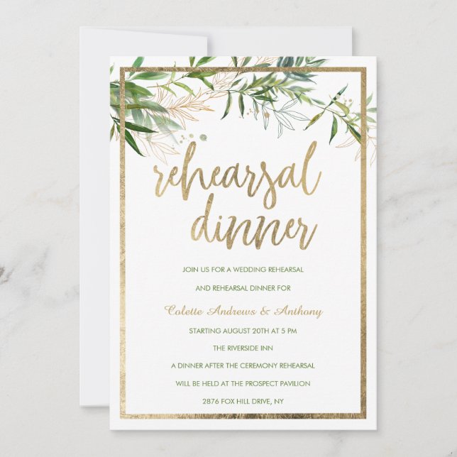 Elegant vit mint guld lövverk Övningsmiddag Inbjudningar (Framsida)