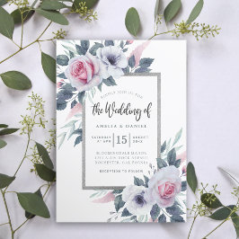 Elegant Vit och blå Blommigt Vattenfärg Bröllop Inbjudningar