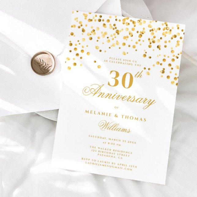 Elegant vit och guld 30-års bröllopsjubileum inbjudningar (Skapare uppladdad)