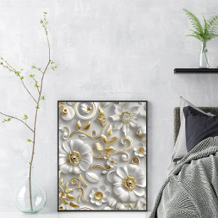 Elegant Vit och Guld 3D-Blommigtens väggkonst