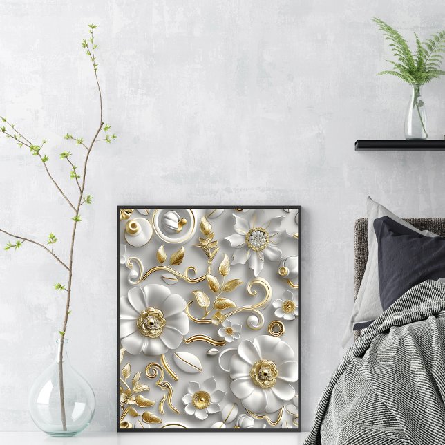 Elegant Vit och Guld 3D-Blommigtens väggkonst (Skapare uppladdad)