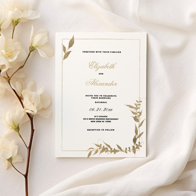 Elegant vit och guld blad Bröllop Inbjudningar (Elegant white and gold foliage Wedding )