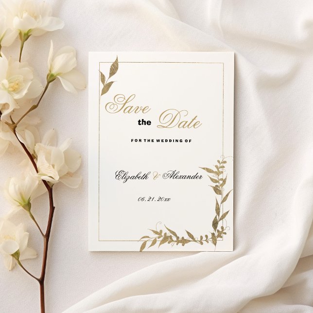 Elegant vit och guld blad Save the Date Inbjudningar (Elegant white and gold foliage Save the Date)