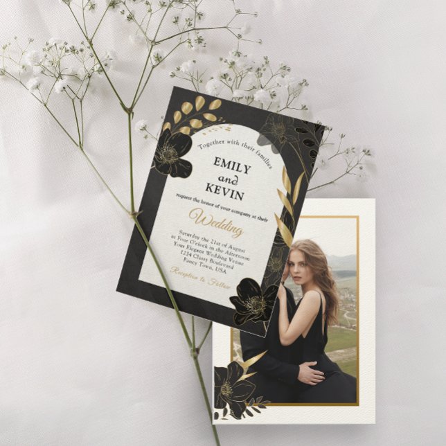 Elegant Vit och Guld Blommigt Foto Bröllop-kort Spara Datumet (Elegant White and Gold Floral Photo Wedding card)