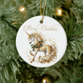 Elegant vit och guld jul enhörning julgransprydnad keramik