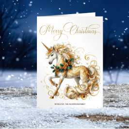 Elegant vit och guld jul enhörning julkort