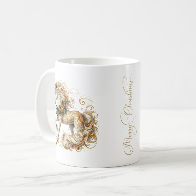 Elegant vit och guld jul enhörning kaffemugg (Framsida vänster)