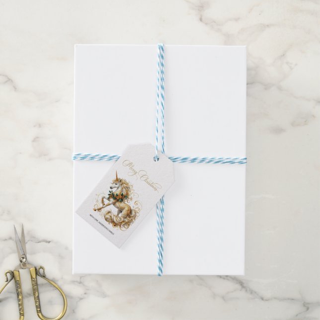 Elegant vit och guld jul enhörning presentetikett (Med Snöre)
