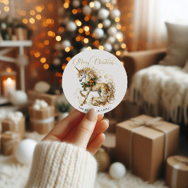 Elegant vit och guld jul enhörning runt klistermärke