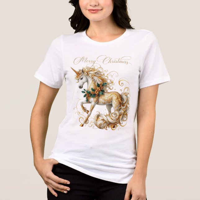 Elegant vit och guld jul enhörning t shirt (Framsida)