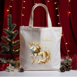Elegant vit och guld jul enhörning tygkasse