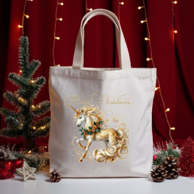 Elegant vit och guld jul enhörning tygkasse (Skapare uppladdad)