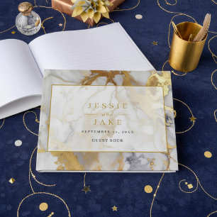 Elegant vit och Guld Marble Bröllop Guest Bok