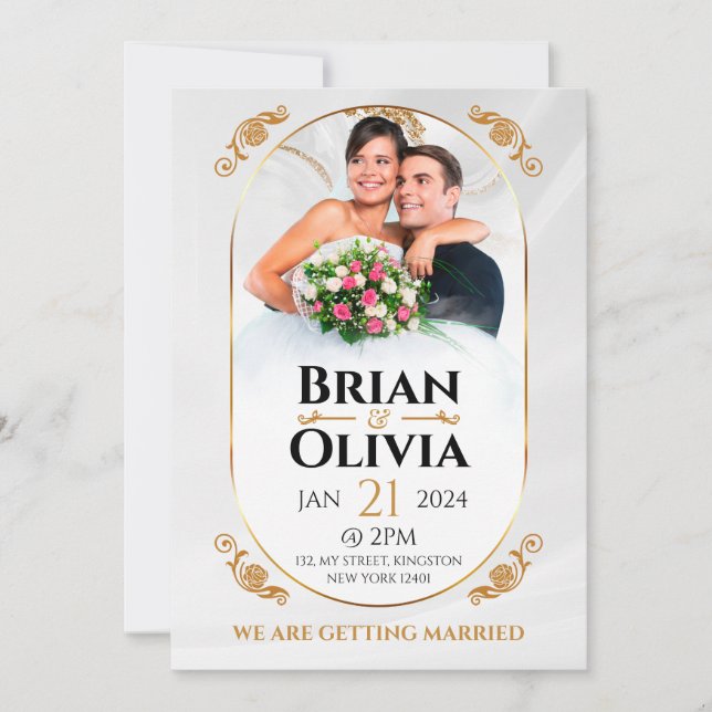 Elegant Vit och Guld minimalistiskt foto av Bröllo Inbjudningar (Framsida)